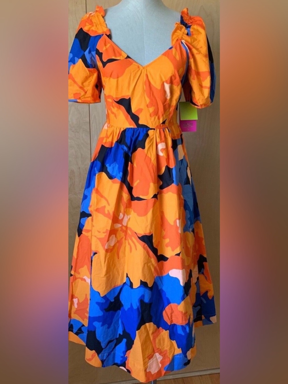 NWT Tabitha Orange, Blue & Black Floral Midi Dress
